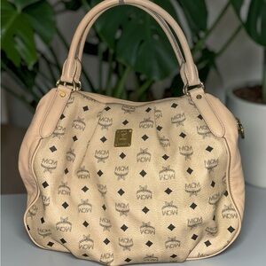 MCM Beige Visetos houlder Bag with Gold Hardware